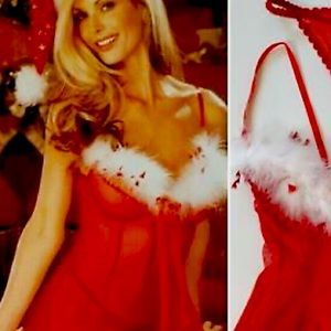 3 piece Christmas  Red Babydoll Nightdress with Feather Trim